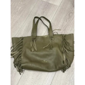 Valentino Crockee Leather Fringe Tote Bag, Olive.