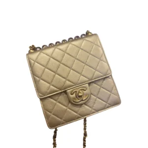 Chanel Metallic Goatskin Quilted Chic Pearls Flap Gold.