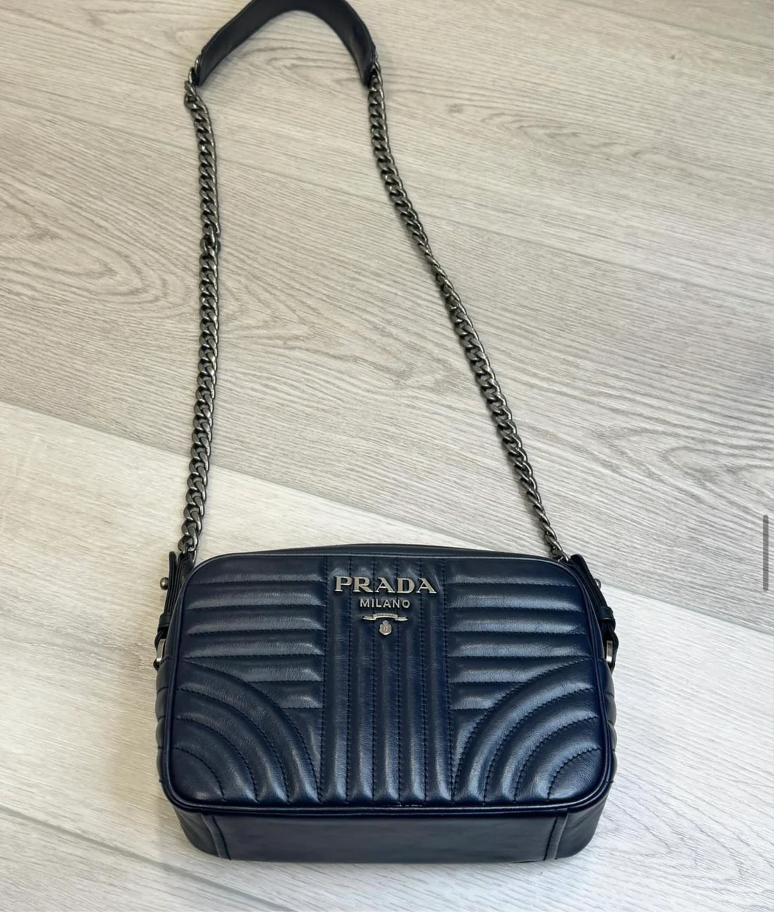 PRADA Soft Calfskin Diagramme Crossbody Bag navy blue