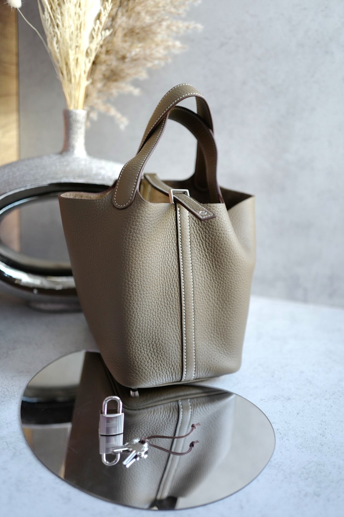 HERMES PICOTIN 18 ETOUPE WITH PALLADIUM HARDWARE W STAMP FRESH STORE