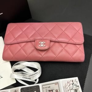 CHANEL Long Zippy Wallet-Pink Lambskin Leather. With Box, Dust Cover And Cards
