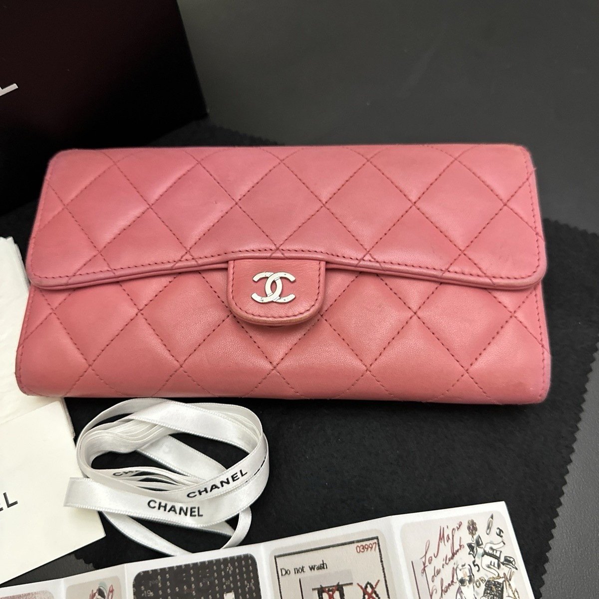 CHANEL Long Zippy Wallet-Pink Lambskin Leather. With Box, Dust Cover And Cards