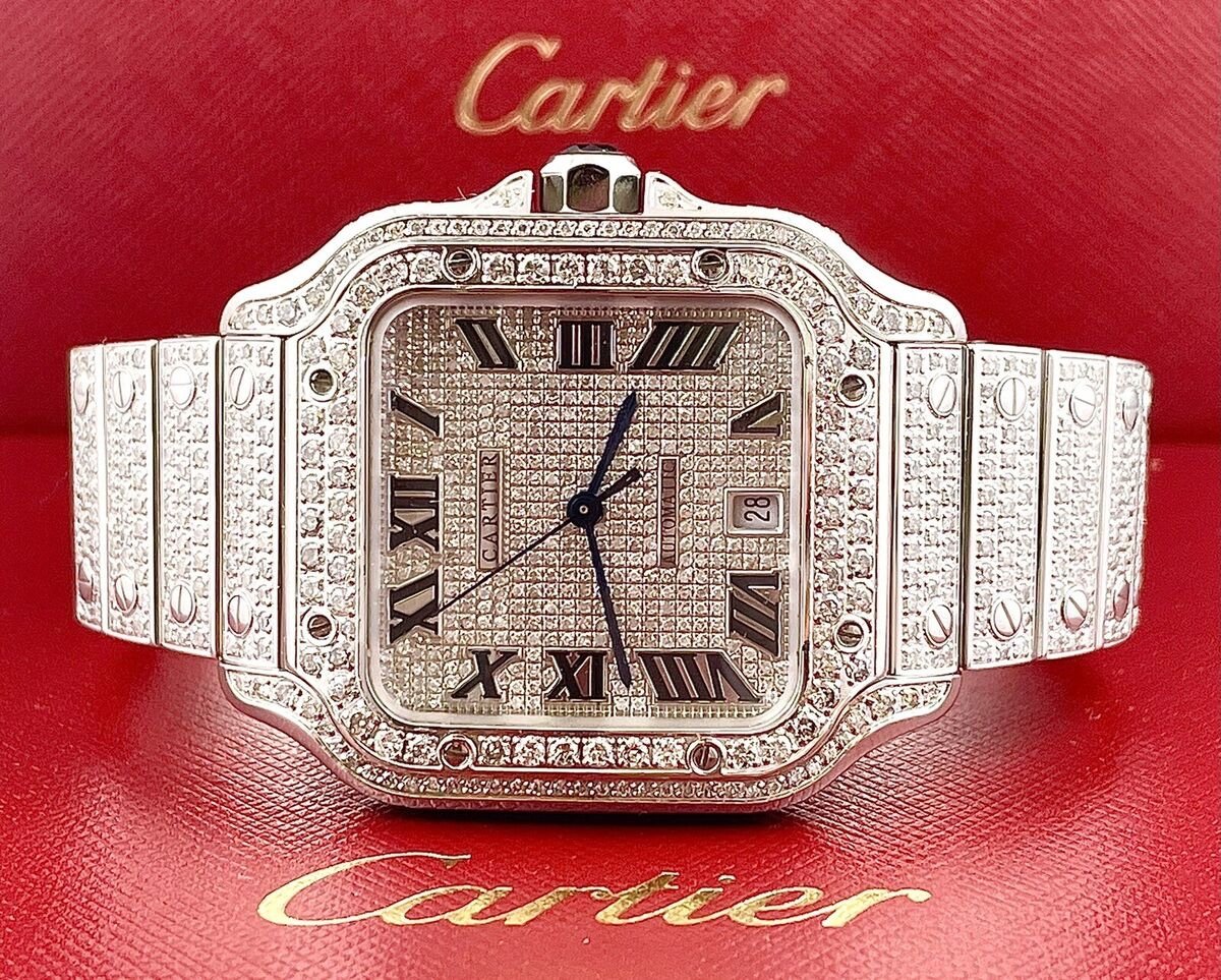 Cartier Santos Men's 40mm Large Model Steel Watch Roman Iced Out 10ct Diamonds - Image 9