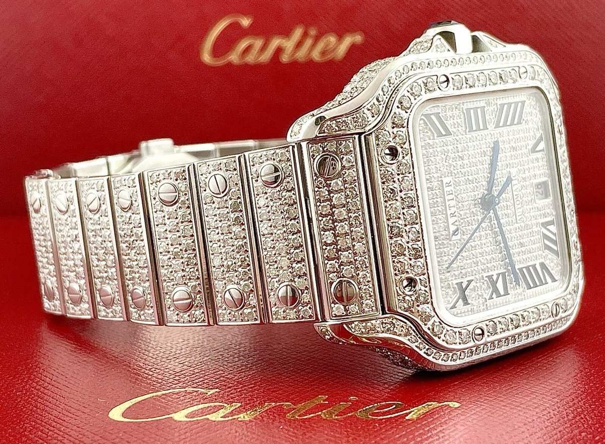 Cartier Santos Men's 40mm Large Model Steel Watch Roman Iced Out 10ct Diamonds - Image 8