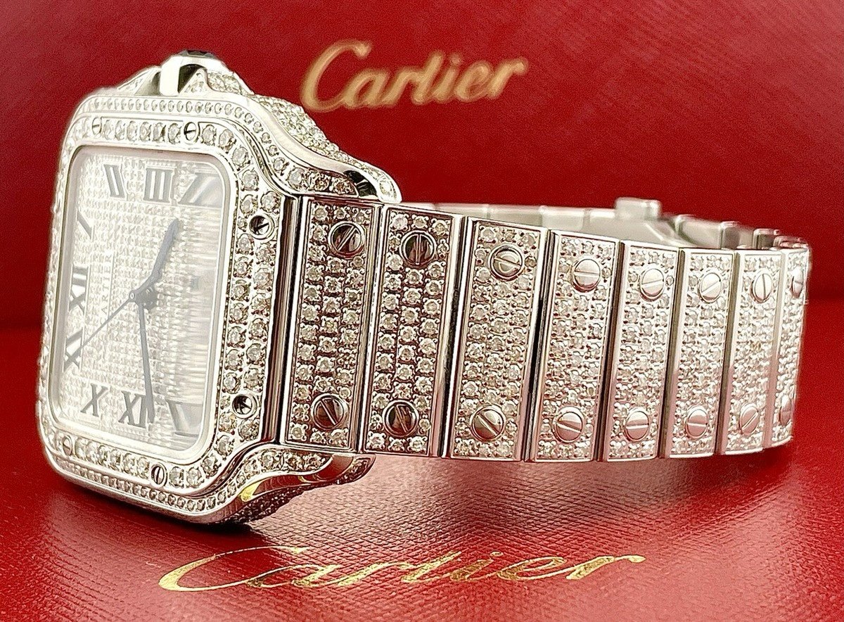 Cartier Santos Men's 40mm Large Model Steel Watch Roman Iced Out 10ct Diamonds - Image 7