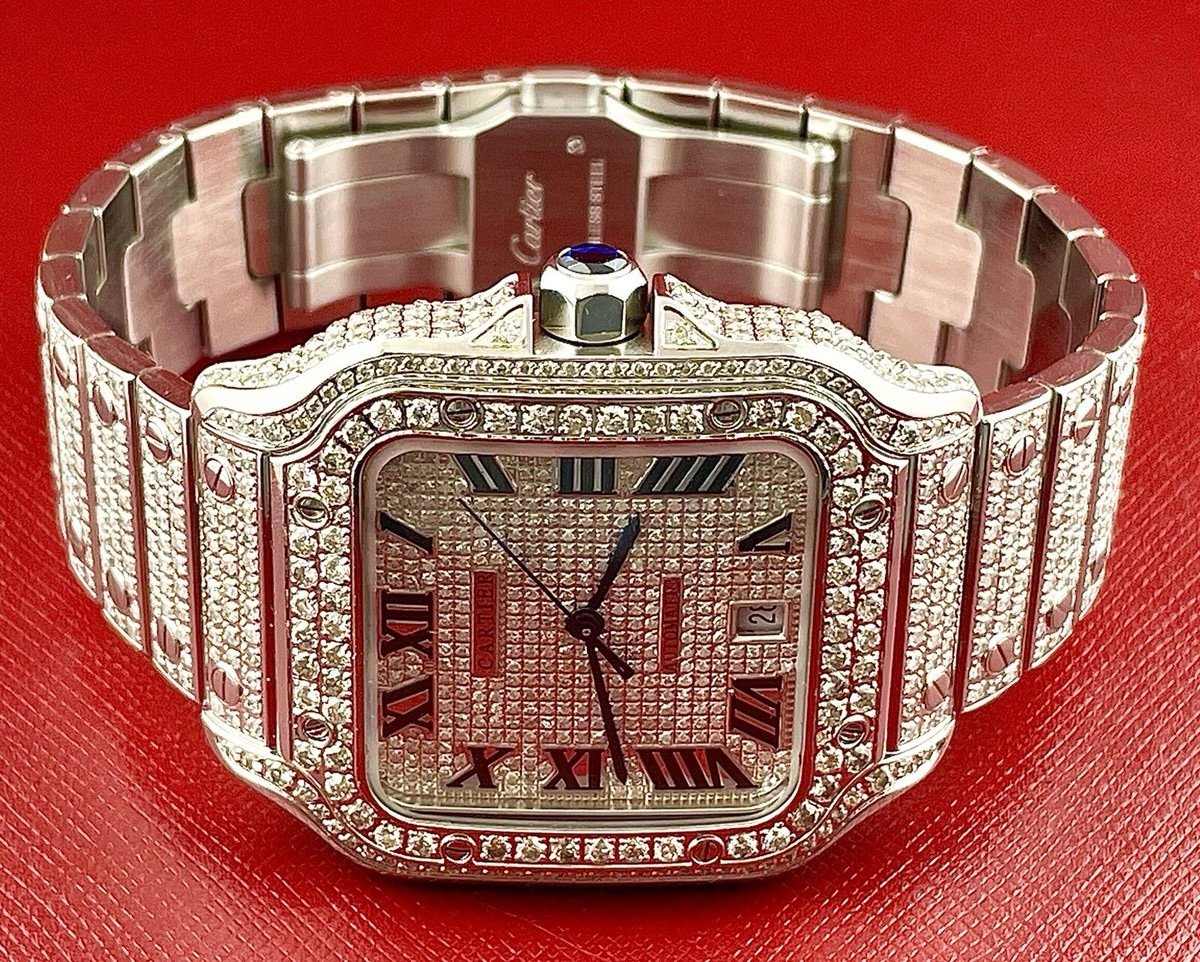 Cartier Santos Men's 40mm Large Model Steel Watch Roman Iced Out 10ct Diamonds - Image 2