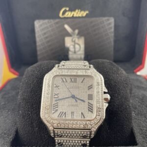 Cartier Santos Men's 40mm Large Model Steel Watch Roman Iced Out 10ct Diamonds