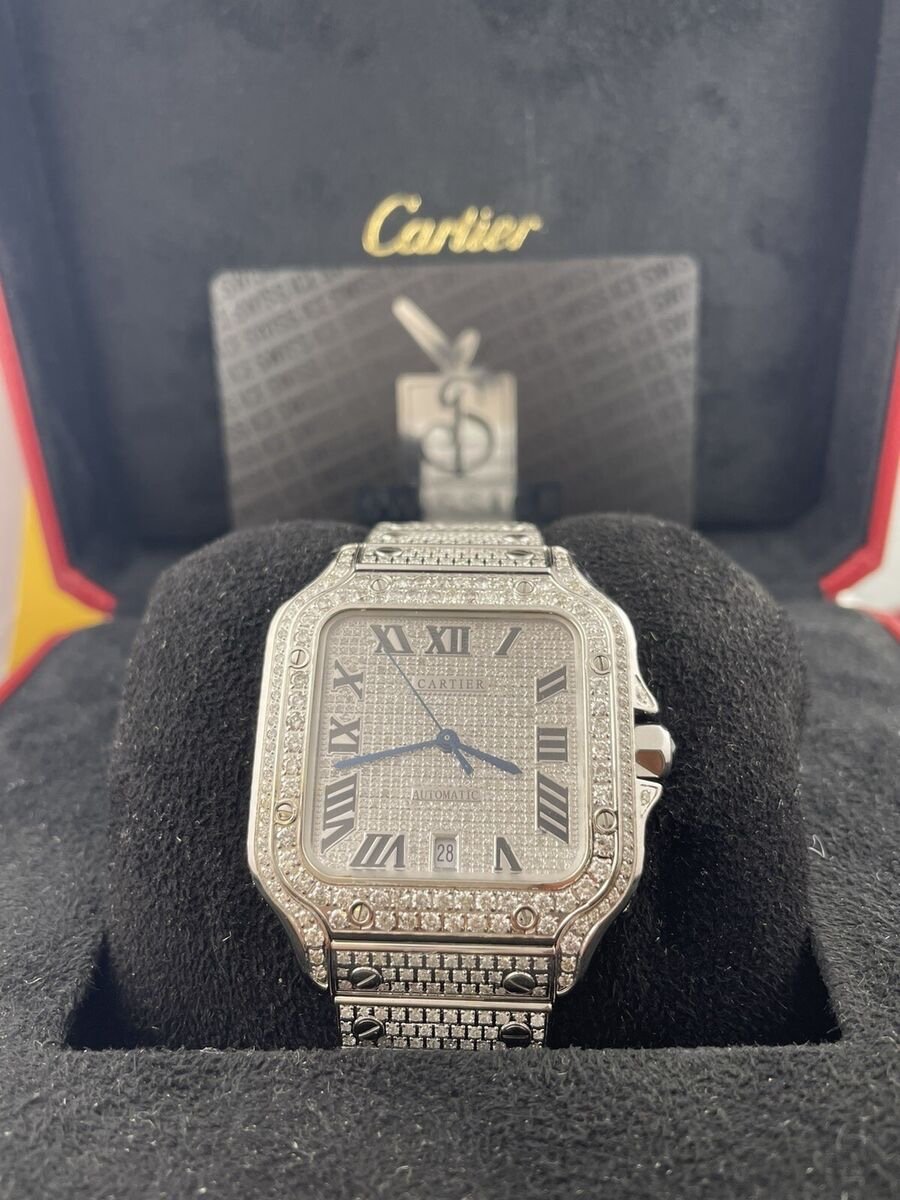 Cartier Santos Men's 40mm Large Model Steel Watch Roman Iced Out 10ct Diamonds