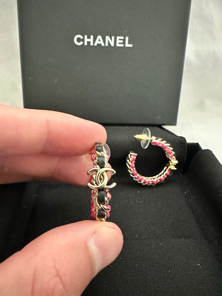 Chanel Hoop Black Leather Earrings with Pink Accents - Image 6