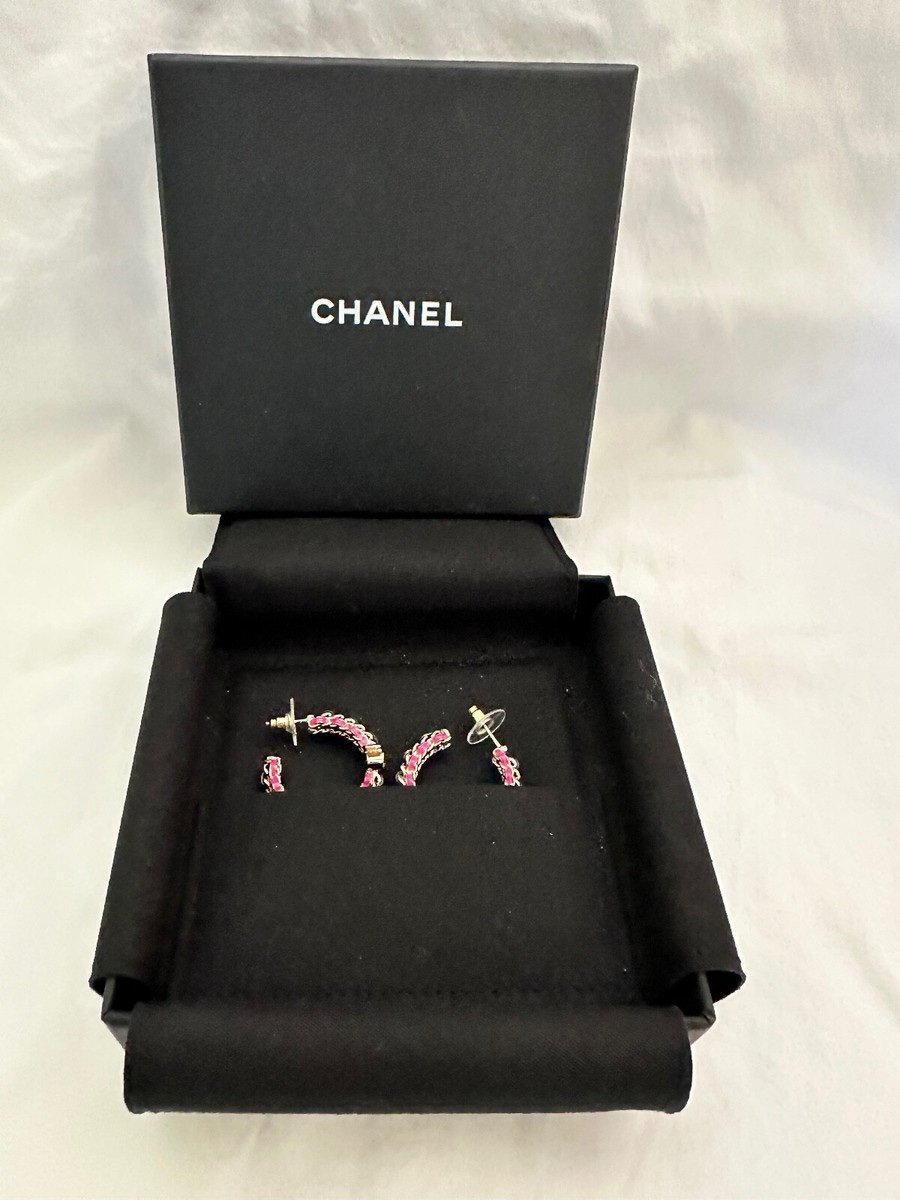 Chanel Hoop Black Leather Earrings with Pink Accents - Image 5