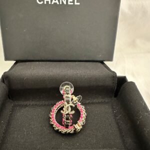 Chanel Hoop Black Leather Earrings with Pink Accents