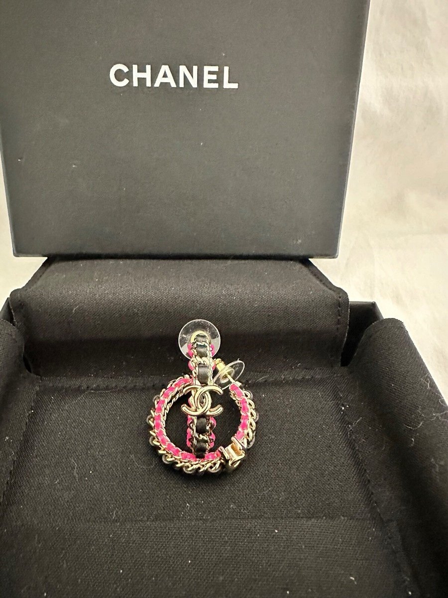 Chanel Hoop Black Leather Earrings with Pink Accents