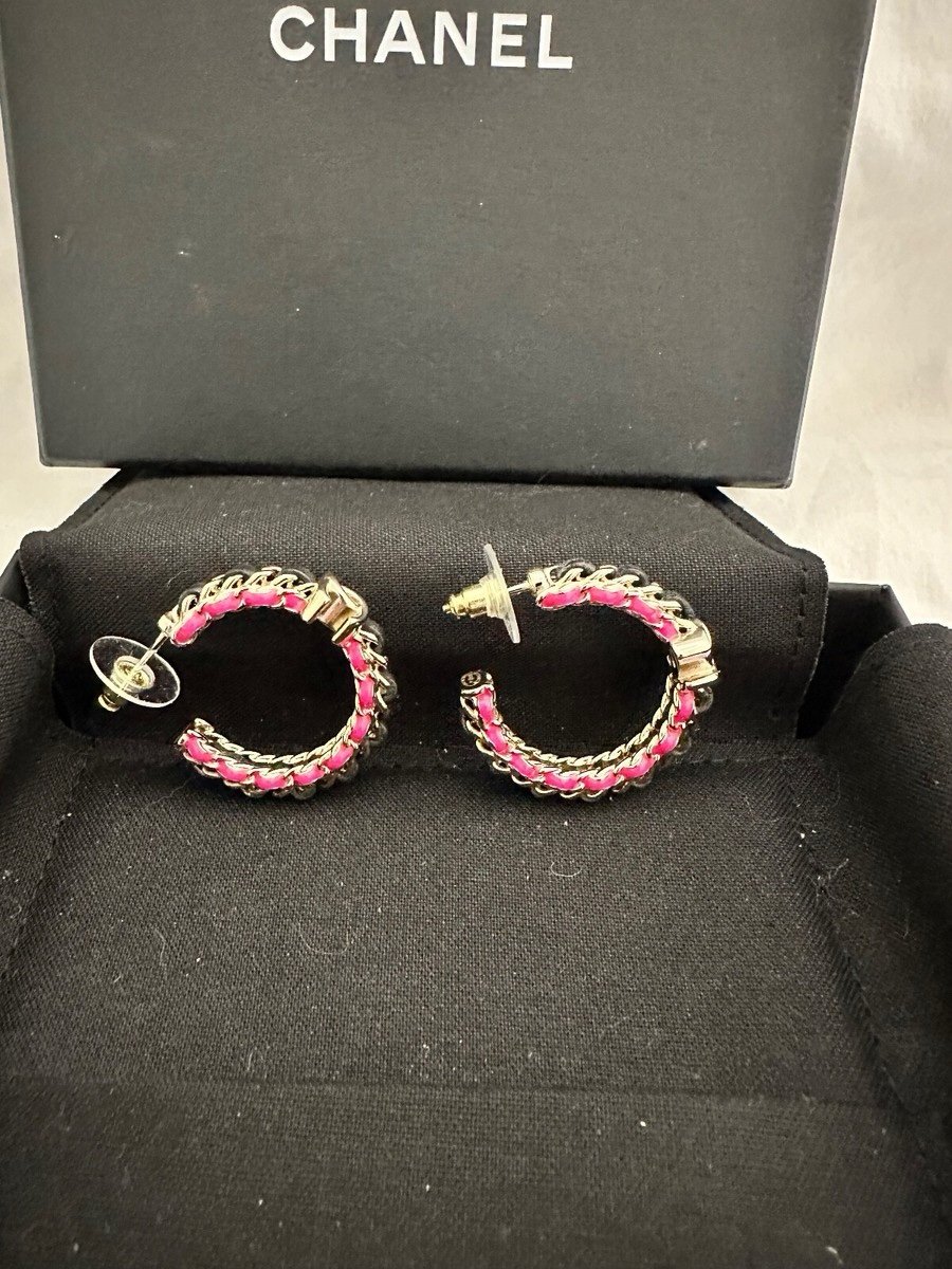 Chanel Hoop Black Leather Earrings with Pink Accents - Image 4