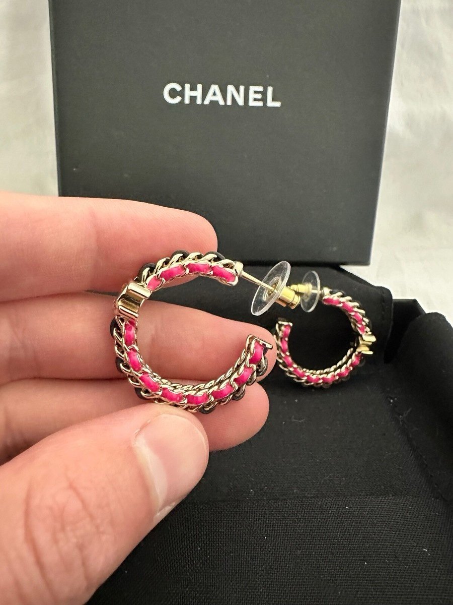 Chanel Hoop Black Leather Earrings with Pink Accents - Image 3