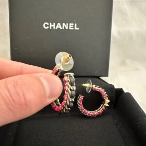 Alternative view of Chanel Hoop Black Leather Earrings with Pink Accents
