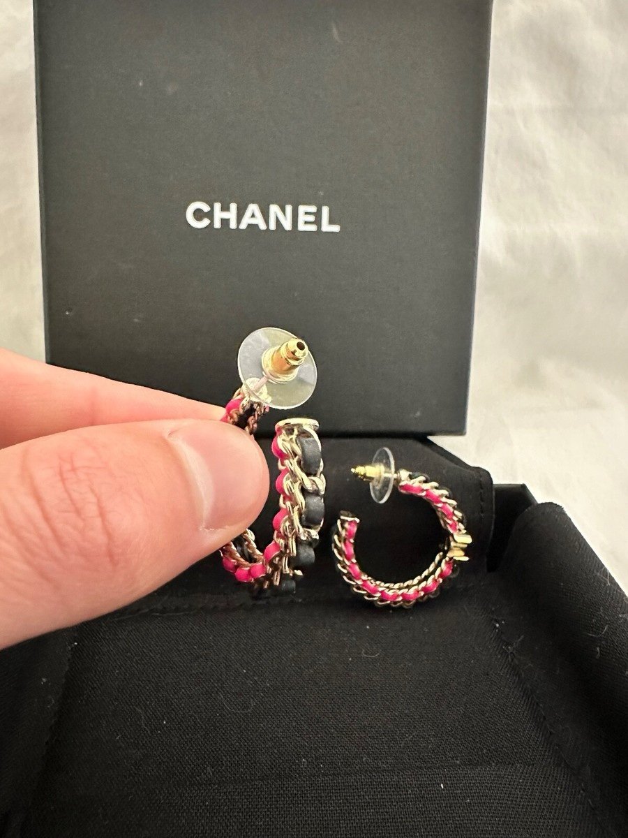Chanel Hoop Black Leather Earrings with Pink Accents - Image 2