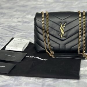 Saint Laurent Loulou Brass Hardware Shoulder Bag Small Black Leather