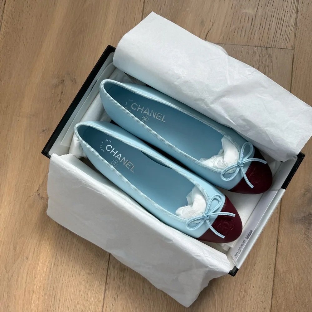 CHANEL 26S MATTHIEU BLAZY'S BALLET FLATS BURGUNDY BLUE LAMBSKIN SIZE 38 - Image 5