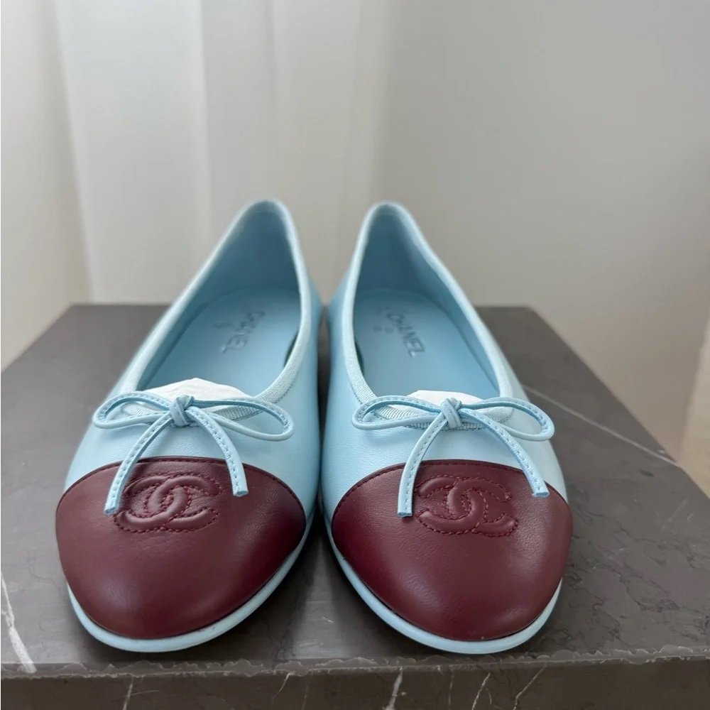 CHANEL 26S MATTHIEU BLAZY'S BALLET FLATS BURGUNDY BLUE LAMBSKIN SIZE 38 - Image 3