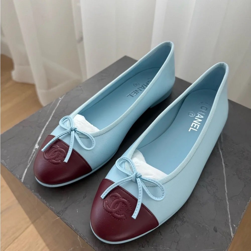 CHANEL 26S MATTHIEU BLAZY'S BALLET FLATS BURGUNDY BLUE LAMBSKIN SIZE 38 - Image 4