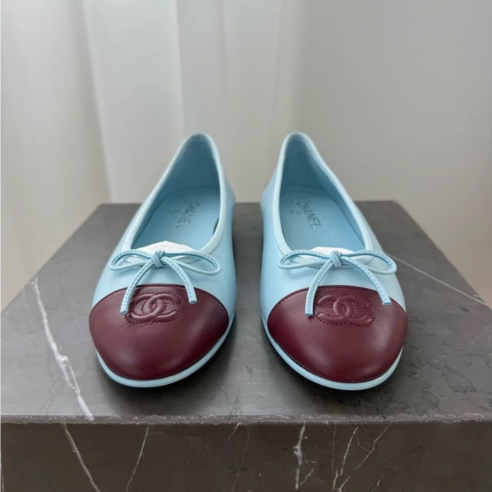 CHANEL 26S MATTHIEU BLAZY'S BALLET FLATS BURGUNDY BLUE LAMBSKIN SIZE 38 - Image 2