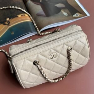 Chanel Caviar Quilted Barrel Clutch With Chain Beige - Image 9