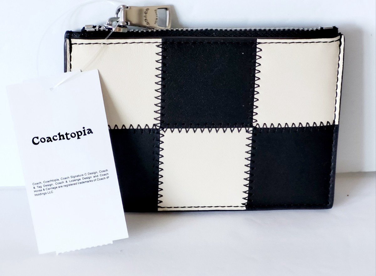 COACH Zip Card Case With Key Ring In Upcrafted Leather Black/Chalk CCM26❤️NEW🎀