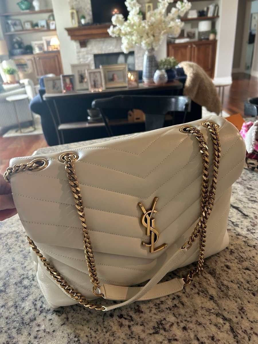 Saint Laurent YSL Loulou Medium Cream Leather Gold Chain Shoulder Bag Authentic - Image 3