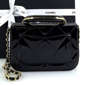 Metallic Mirror Calfskin Top Handle Clutch With Chain Black - Image 9
