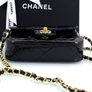 Metallic Mirror Calfskin Top Handle Clutch With Chain Black - Image 5