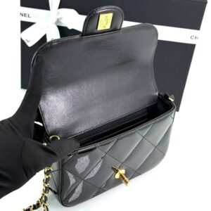 Metallic Mirror Calfskin Top Handle Clutch With Chain Black - Image 13