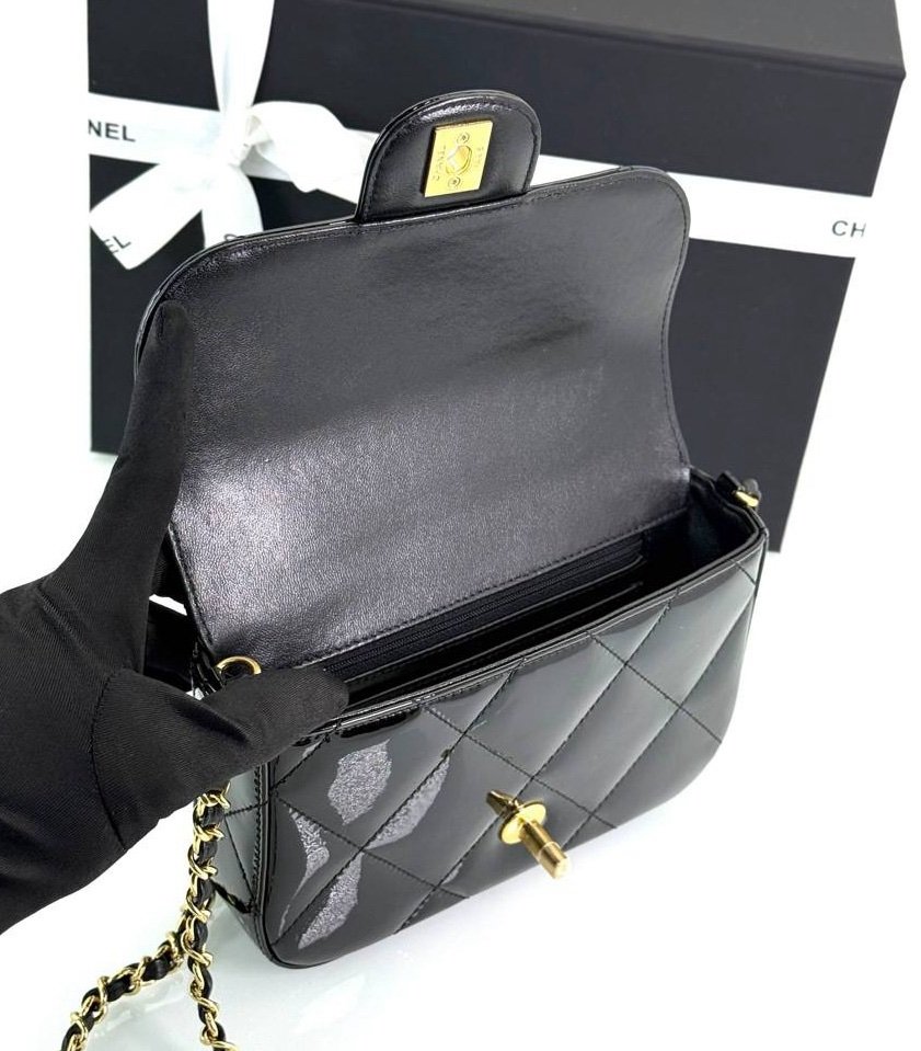 Metallic Mirror Calfskin Top Handle Clutch With Chain Black - Image 13