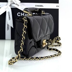 Alternative view of Metallic Mirror Calfskin Top Handle Clutch With Chain Black