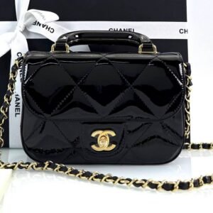 Metallic Mirror Calfskin Top Handle Clutch With Chain Black - Image 7