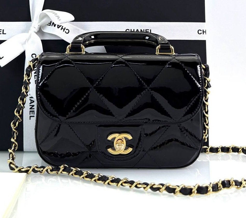 Metallic Mirror Calfskin Top Handle Clutch With Chain Black - Image 7